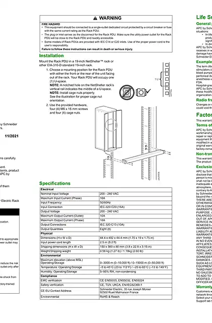 schneider施耐德Easy rPDU EPDU1016B 安装说明